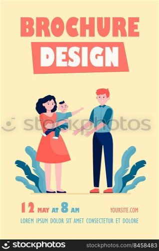 Parents soothing little child. Sad mom giving crying son to smiling dad flat vector illustration. Parenthood problems, stress concept for banner, website design or landing web page