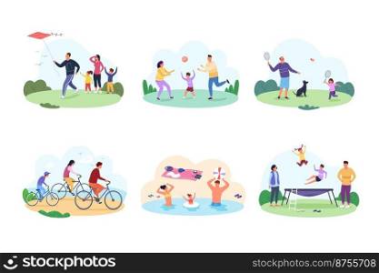 Parents sport activities. Sportive activeness family practicing physical exercise, kid play fitness game together parent healthy leisure, vector illustration. Sport family and sportive exercise. Parents sport activities. Sportive activeness fun family practicing physical exercise, kid play fitness game together parent healthy fit leisure, cartoon garish vector illustration