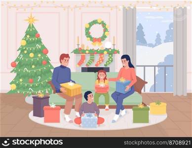 Parents unwrapping presents with kids flat color vector illustration. Wintertime. Holiday tradition. Decorated home. Fully editable 2D simple cartoon characters with christmas tree on background. Parents unwrapping presents with kids flat color vector illustration