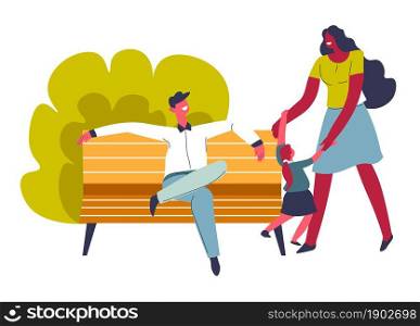 Parents with child in park, family weekends or vacations spent together. Mother and father sitting on bench relaxing outdoors by lush tree or bush with greenery. Summer activities. Vector in flat. Family weekends, dad with mom and kid in park