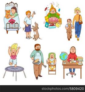 Parents with children cartoon icons collection. Parents caring for children and playing kids cartoon style happy family icons collection abstract isolated vector illustration