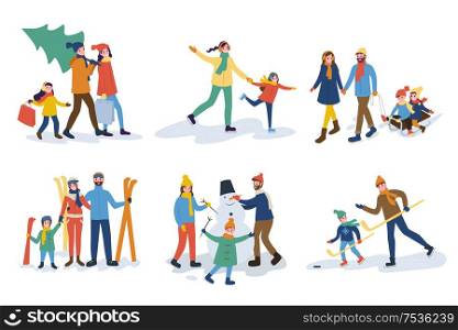 Parents with children playing hockey, going together with tree and packages, skiing and making snowman, holding sleigh with kids isolated on white vector. Set of Parents and Kids Outdoor Vector Isolated