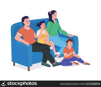 Parents with children sitting on couch semi flat color vector characters. Full body people on white. Creating unique bond isolated modern cartoon style illustration for graphic design and animation. Parents with children sitting on couch semi flat color vector characters