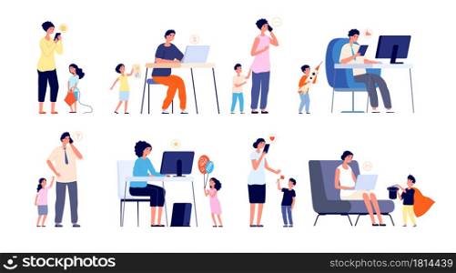 Parents with gadgets. Social network addiction, work from home and stress. Children and busy mother father, exhausted kids utter vector set. Illustration online communication, parent addicted. Parents with gadgets. Social network addiction, work from home and stress. Children and busy mother father, exhausted kids utter vector set