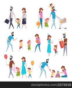 Parents with kids. School kids with father and mother playing lovely hugs exact vector characters. Mother father with childen playing illustration. Parents with kids. School kids with father and mother playing lovely hugs exact vector characters