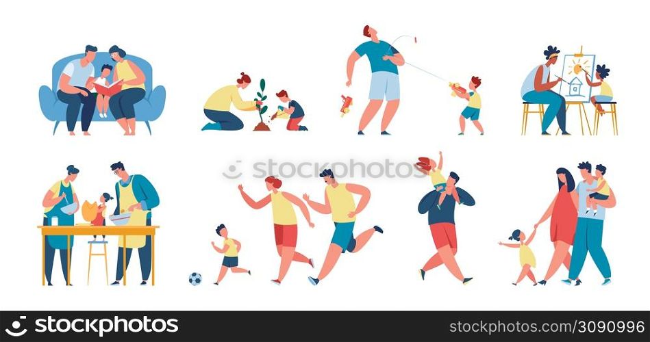 Parents with kids spending time together, different families with children. Single mom or dad, mother and daughter, father and son vector set. Characters planting, painting, playing football. Parents with kids spending time together, different families with children. Single mom or dad, mother and daughter, father and son vector set