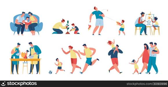 Parents with kids spending time together, different families with children. Single mom or dad, mother and daughter, father and son vector set. Characters planting, painting, playing football. Parents with kids spending time together, different families with children. Single mom or dad, mother and daughter, father and son vector set