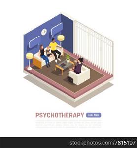 Parents with little child during family psychotherapy session in psychologist office isometric web page composition vector illustration
