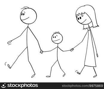 Parents with son or family on walk together, vector cartoon stick figure or character illustration.. Family or Parents with Kid or Son on Walk Together , Vector Cartoon Stick Figure Illustration