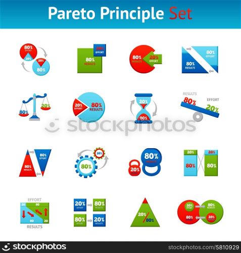 Pareto principle flat icons set. Powerful pareto principle 80 20 rule for business results flat icons set square abstract vector isolated illustration