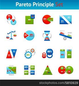 Pareto principle flat icons set. Powerful pareto principle 80 20 rule for business results flat icons set square abstract vector isolated illustration