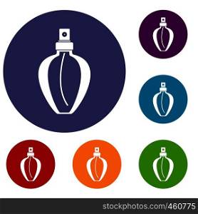 Parfume bottle icons set in flat circle reb, blue and green color for web. Parfume bottle icons set