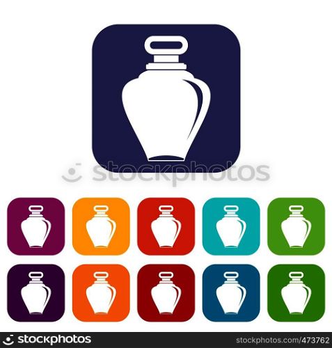 Parfume icons set vector illustration in flat style In colors red, blue, green and other. Parfume bottle icons set flat