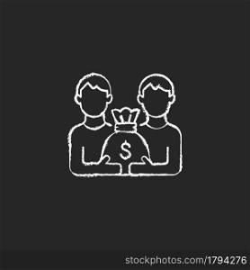 Pari mutuel prize chalk white icon on dark background. Dividing prize between same tier winners. Parimutuel betting. Paying cash claimants. Isolated vector chalkboard illustration on black. Pari mutuel prize chalk white icon on dark background