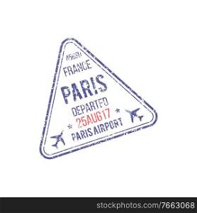 Paris airport grunge visa st&isolated departed sign. Vector France destination border control mark. Visa st&depart from Paris, France isolated seal
