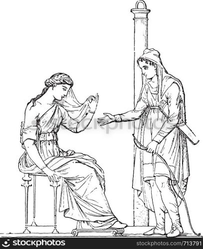 Paris and Helen (after of an ancient painting), vintage engraved illustration.