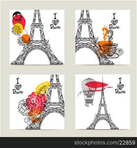 Paris card set with hand drawn flower decorated Eiffel tower isolated vector illustration. Paris Card Set