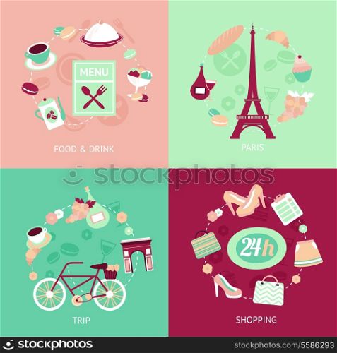 Paris city food drink shopping trip decorative elements set isolated vector illustration