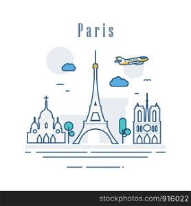 Paris city of France. Line Art of famous buildings. Modern cityscape landmarks banner showplace composition. Holiday travel and sightseeing capital concept. Vector illustration