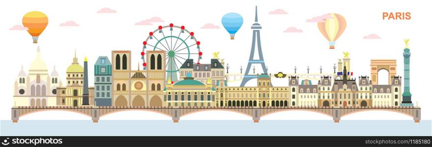 Paris City Skyline at day. Colorful isolated vector illustration. Vector illustration of main landmarks of Paris, France. Paris vector icon. Paris building outline.