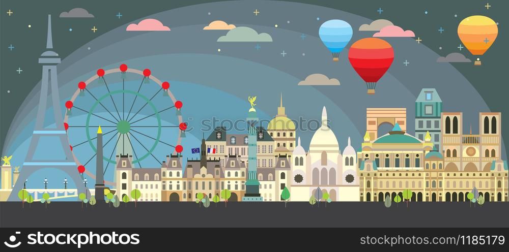 Paris City Skyline at night. Colorful isolated vector illustration. Vector illustration of main landmarks of Paris, France. Paris vector icon. Paris building outline.