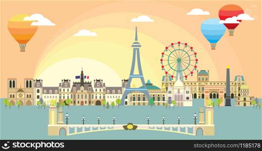 Paris City Skyline at sunset. Colorful isolated vector illustration. Vector illustration of main landmarks of Paris, France. Paris vector icon. Paris building outline.