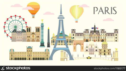 Paris City Skyline. Colorful isolated vector illustration on beige background. Vector illustration of main landmarks of Paris, France. Paris vector icon. Paris building outline.