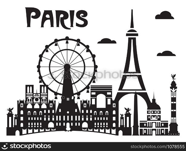 Paris City Skyline vector Illustration in black and white colors isolated on white background. Vector silhouette Illustration of landmarks of Paris, France.