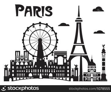 Paris City Skyline vector Illustration in black and white colors isolated on white background. Vector silhouette Illustration of landmarks of Paris, France.