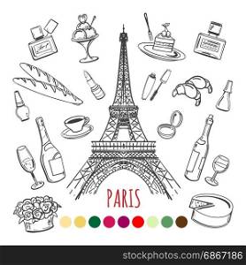 Paris coloring page with color swatches. Paris coloring page with color swatches, vector illustration