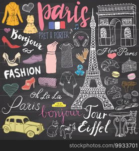 Paris doodles elements. Hand drawn set with eiffel tower bred cafe, taxi triumf arch, Notre Dame cathedral, facion elements, cat and french bulldog. Drawing doodle collection, on chalkboard.. Paris doodles elements. Hand drawn set with eiffel tower bred cafe, taxi triumf arch, Notre Dame cathedral, fashion elements, cat and french bulldog. Drawing doodle collection, on chalkboard