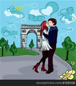 paris doodles with lovers vector illustration