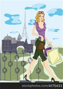paris doodles with shopping lady vector illustration