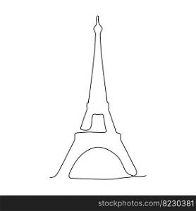 Paris Eiffel tower continuous line. Vector isolated on white.. Paris Eiffel tower continuous line.