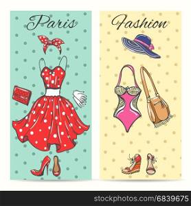 Paris fashion clothes cards. Paris fashion clothes cards for ladies boutique vector illustration. Summer dress and shoes, women hat and handbag