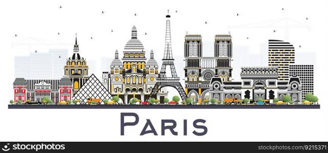 Paris France City Skyline with Color Buildings Isolated on White. Vector Illustration. Business Travel and Concept with Historic Architecture. Paris Cityscape with Landmarks.