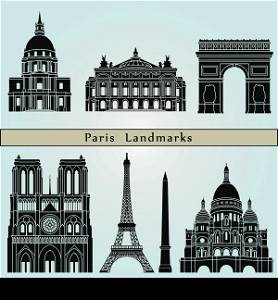 Paris landmarks and monuments isolated on blue background in editable vector file
