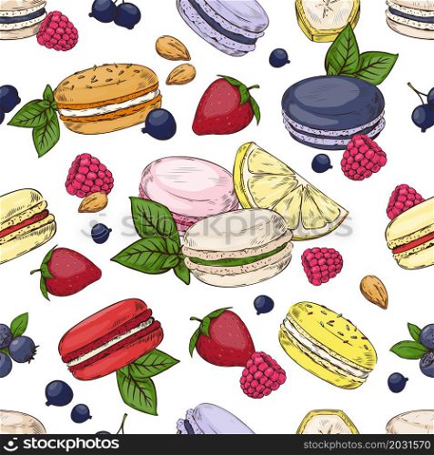 Paris macaron pattern. Seamless print with colorful popular French dessert of almond flour and different flavors. Fruit pieces and berries. Delicious cookies. Vector hand drawn confectionery texture. Paris macaron pattern. Seamless print with colorful French dessert of almond flour and different flavors. Fruits and berries. Delicious cookies. Vector hand drawn confectionery texture