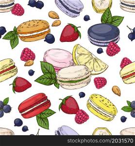 Paris macaron pattern. Seamless print with colorful popular French dessert of almond flour and different flavors. Fruit pieces and berries. Delicious cookies. Vector hand drawn confectionery texture. Paris macaron pattern. Seamless print with colorful French dessert of almond flour and different flavors. Fruits and berries. Delicious cookies. Vector hand drawn confectionery texture