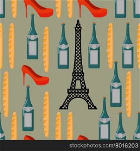 Paris seamless background. French infinite pattern. Attractions of country: Eiffel Tower. Traditional French food: baguette and wine. Patriotic Ornament for fabrics