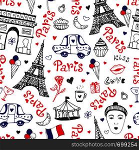 Paris seamless pattern with eiffel tower, triumphal arch and cute doodles. Vector background in national colors. Paris seamless pattern with eiffel tower, triumphal arch and cute doodles. Vector background in national colors.