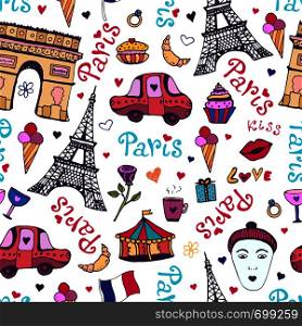 Paris seamless pattern with eiffel tower, triumphal arch and cute doodles. Vector background for wrapping and decoration. Paris seamless pattern with eiffel tower, triumphal arch and cute doodles. Vector background for wrapping and decorations