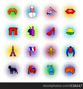 Paris set icons in comics style on a white background . Paris set icons, comics style