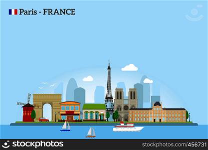 Paris skyline in flat style. Colrfus illustration on sky blue background. Vector icon. Paris skyline in flat style