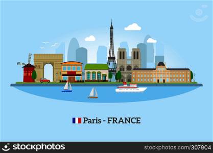 Paris skyline in flat style on blue background vector illustration. Paris skyline in flat style