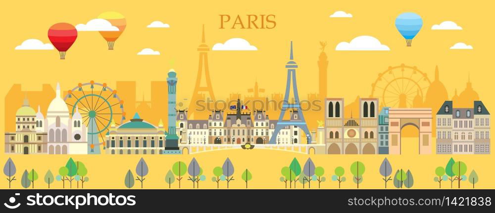 Paris skyline travel illustration. Colorful summer design with isolated Paris landmarks, french tourism and journey vector background for print, t-shirt, souvenirs. Worldwide traveling concept.