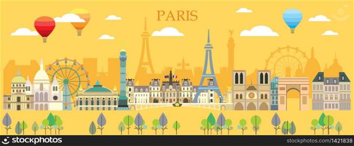 Paris skyline travel illustration. Colorful summer design with isolated Paris landmarks, french tourism and journey vector background for print, t-shirt, souvenirs. Worldwide traveling concept.