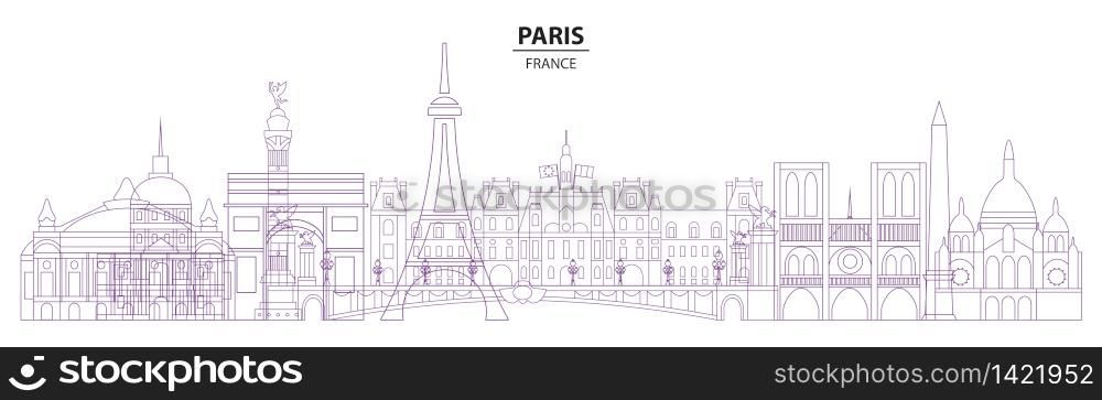 Paris skyline travel illustration in line art style. Vector design with isolated Paris landmarks, french tourism and journey background for print, t-shirt, souvenirs. Worldwide traveling concept.