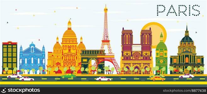 Paris Skyline with Color Buildings and Blue Sky. Vector Illustration. Business Travel and Tourism Concept with Historic Architecture. Image for Presentation Banner Placard and Web Site.