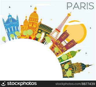 Paris Skyline with Color Buildings, Blue Sky and Copy Space. Vector Illustration. Business Travel and Tourism Concept with Historic Architecture. Image for Presentation Banner Placard and Web Site